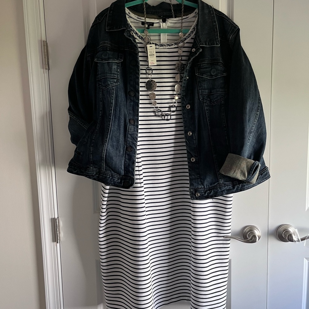 NEW Talbots White and Navy Striped Knit Dress with Braid Trim, 18W